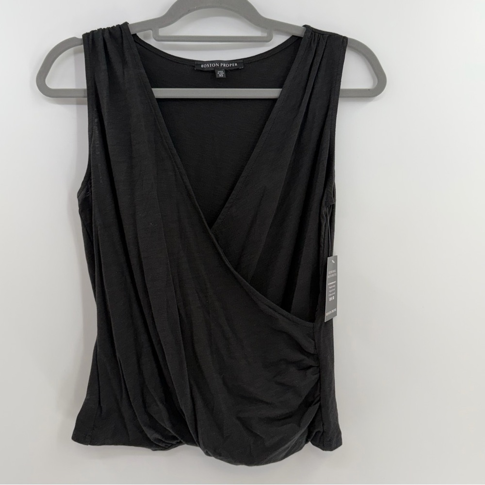 Boston Proper black sleeveless surplice faux wrap top cotton modal size XS NWT